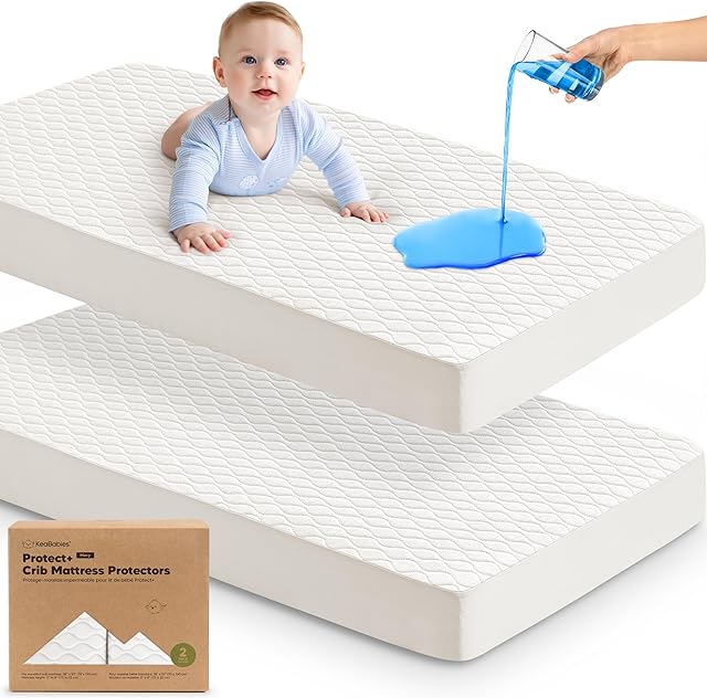 Waterproof Crib Mattress Protector Cover Fitted - 2-Pack Quiet Baby Mattress Topper Crib Sheets, 52" x 28" Soft Quilted Cotton Baby Sheet, Easy Fit, Durable Toddler Liner (Soft White/Mavy)
