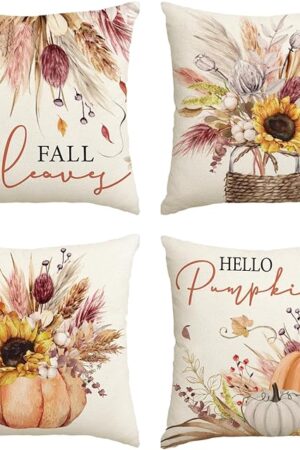 AVOIN colorlife Fall Pumpkin Wheat Cotton Jar Autumn Thanksgiving Throw Pillow Covers, 18 x 18 Inch Seasonal Cushion Case for Sofa Couch Set of 4