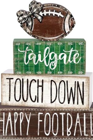 4Pcs Football Table Decoration Happy Football Wooden Block Sign Fall Rugby Tiered Tray Decor Centerpiece Decorative Faux Book Stack for Holiday Tabletop Coffee Fireplace Shelf Desk Party Decor