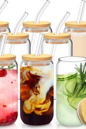 16 Oz Drinking Glasses with Bamboo Lids and Glass Straw - 8 Pcs Glass Cups Beer Ice Coffee Glasses Cute Aesthetic Cup Great for Coffee Bar Accessories Include 2 Cleaning Brushes