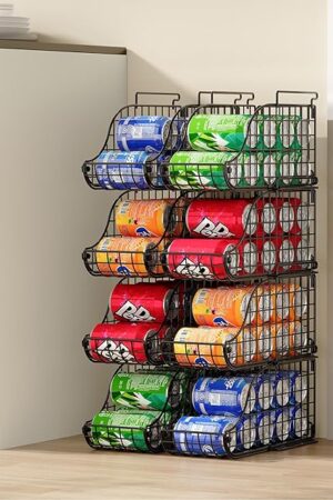 4-Pack Stackable Canned Food Organizer with Handles for Kitchen, Soda Can Organizer for Pantry Shelves, Wire Cabinet Shelf for Can Storage, Foldable Soda Dispenser, Patent Pending, Black