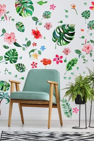 66 Pieces Large Palm Leaves Wall Decals Tropical Hibiscus Flower Peel Removable Stickers Green Plants Fresh Leaves Stickers for DIY Bedroom Living Room Office Bathroom Wall Corner