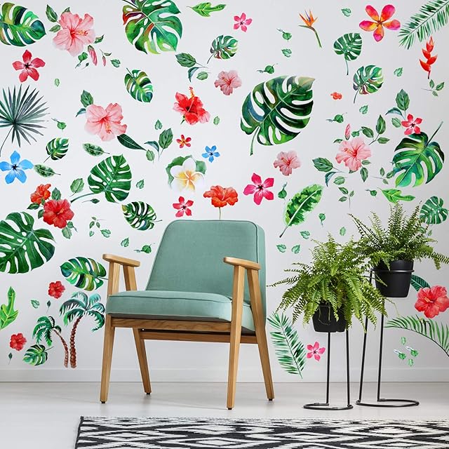 66 Pieces Large Palm Leaves Wall Decals Tropical Hibiscus Flower Peel Removable Stickers Green Plants Fresh Leaves Stickers for DIY Bedroom Living Room Office Bathroom Wall Corner