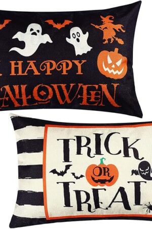 2 Pieces Happy Halloween Pillow Covers 20 x 12 Inch Ghost Cushion Cover Rectangular Halloween Throw Pillow Case Rectangular for Bed Sofa Home