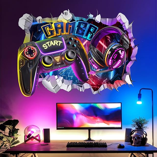 decalmile Large 3D Game Wall Decals Gamer Controller Video Gaming Joystick Wall Stickers Teenagers Boy Bedroom Playroom Wall Decor
