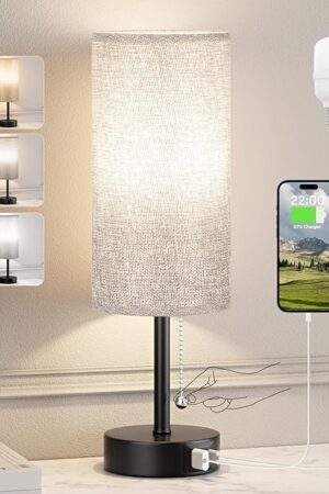 Bedside Lamp Table Lamp Night Stand Light Desk Reading Lamp with USB A + C Charging Port, 3 Color Temperatures, Pull Chain
