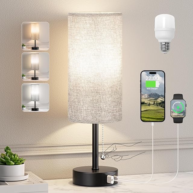 Bedside Lamp Table Lamp Night Stand Light Desk Reading Lamp with USB A + C Charging Port, 3 Color Temperatures, Pull Chain
