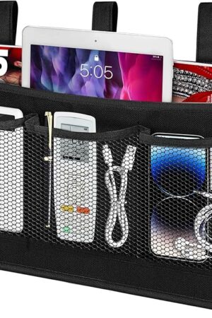 Bedside Caddy Storage Organizer, Hanging Storage Bag Pocket for Bunk/Hospital Beds,College Dorm Organizer for Remotes Phone,College Dorm,Camp,Baby Bed Rails(4 Pockets),Black