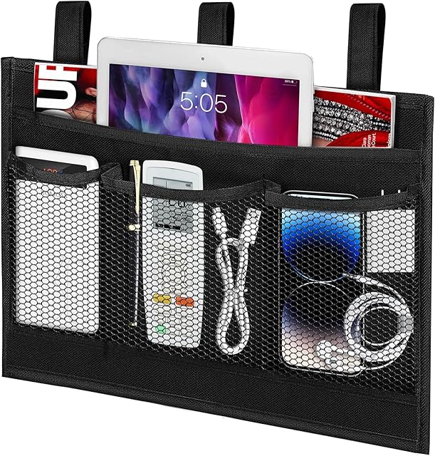 Bedside Caddy Storage Organizer, Hanging Storage Bag Pocket for Bunk/Hospital Beds,College Dorm Organizer for Remotes Phone,College Dorm,Camp,Baby Bed Rails(4 Pockets),Black