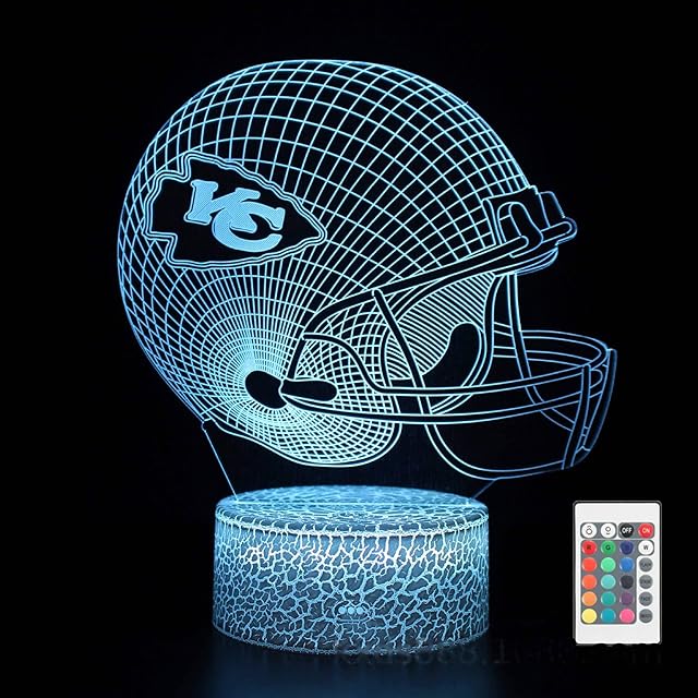 Cute Chiefs Football Helmet 3D Optical Illusion LED Bedroom Decor Sleep Table Lamp with Remote 7 Colors Acrylic Visual Night Light Birthday Christmas Gifts for Kids KC Men Women