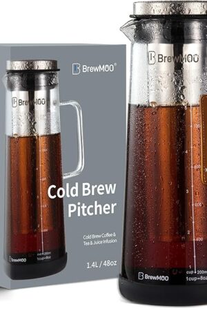 Cold Brew Coffee Maker (1.4L/48oz) - Sleek Borosilicate Glass Pitcher with 100um 304 Stainless Steel Filter, Non-Slip Base & Airtight Lid, Effortless Manual + Recipes for Beginner (Black)