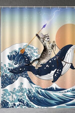 Aimego Funny Shower Curtain Brave Cat Holding Trident Arrow Riding Shark in Ocean Wave, Whale Cat Shower Curtain Set with 12 Hooks for Bathroom Decor Accessories Bathtub Curtain, 72"x72"