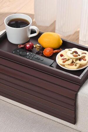 Bamboo Sofa Arm Tray, Anti-Dropping Couch Arm Tray, Foldable Sofa Armrest Tray Couch Arm Table for Eats, Drinks, Snacks, Remote, Cellphone, Cup Holder, Back Anti-Slip Pad Design