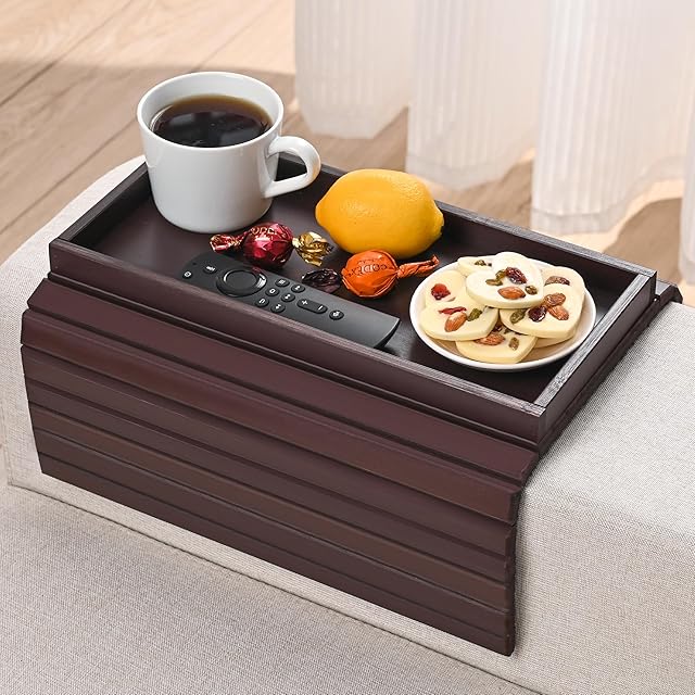 Bamboo Sofa Arm Tray, Anti-Dropping Couch Arm Tray, Foldable Sofa Armrest Tray Couch Arm Table for Eats, Drinks, Snacks, Remote, Cellphone, Cup Holder, Back Anti-Slip Pad Design
