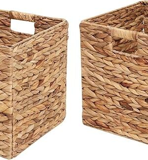 Water Hyacinth Woven Wicker Storage Baskets - 12x12x12inch Set of 2, Foldable Cubes for Shelves, Handwoven Laundry Totes for Bedroom