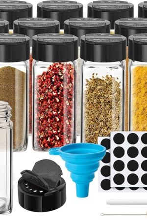 12 Pack Glass Spice Jars with Labels, 4oz Spices Containers Spice Jars with Black Shaker Lids, Empty Containers for Spice, Silicone Funnel and Pen Included