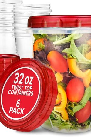 32oz Plastic Containers with Red Twist Top Lids (6 Pack) – Quart Freezer Containers for Leftovers, Airtight Reusable Soup Storage, Microwave & Dishwasher Safe