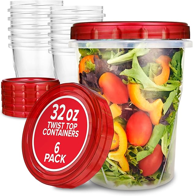 32oz Plastic Containers with Red Twist Top Lids (6 Pack) – Quart Freezer Containers for Leftovers, Airtight Reusable Soup Storage, Microwave & Dishwasher Safe