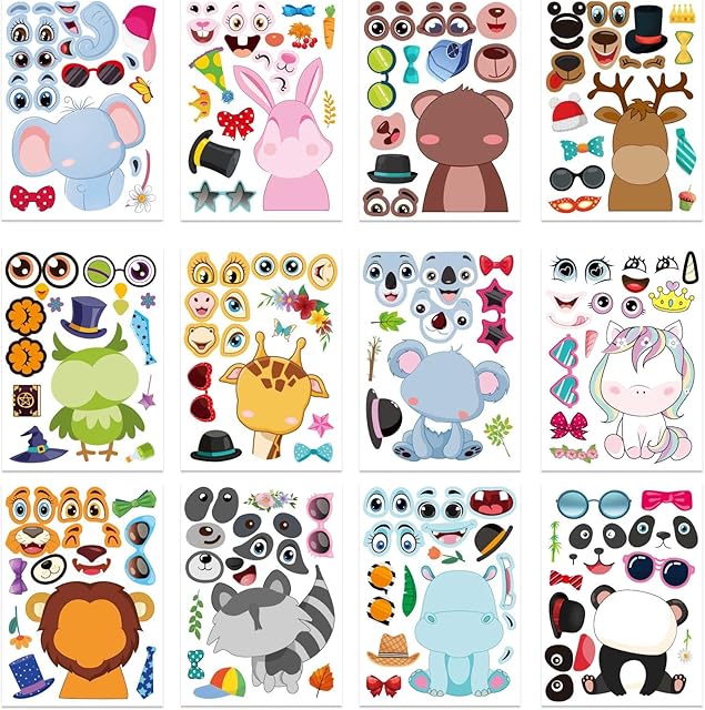 The 24 Sheets Make-a-Face Stickers, Make Your Own Animal Mix and Match Sticker Sheets, Animal Stickers for Kids, DIY Party Favor Stickers with 24 Animal Designs, Art Craft, Teacher Reward&Gift for Kids