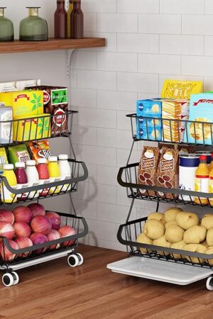 3-Tier Rolling Pantry Floor Organizer, Stackable Pantry Storage Cart with Wheels, Metal Wire Pantry Baskets, Kitchen Fruit Basket Stand, Vegetable Storage Rack for Fruits Snacks Onions Potatoes