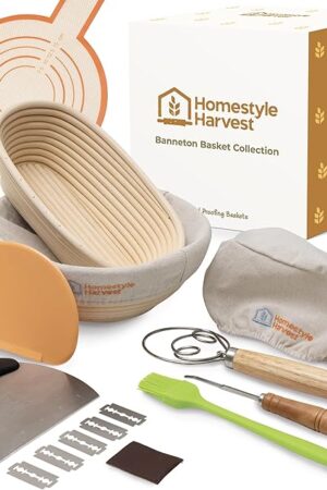 Banneton Bread Proofing Basket Set, 10 inch Oval & a 9 inch Round Sourdough Proofing Basket, set includes a Lame, dough scraper, stainless scraper, dusting brush, linen liners