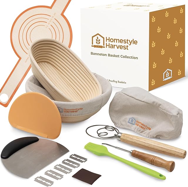 Banneton Bread Proofing Basket Set, 10 inch Oval & a 9 inch Round Sourdough Proofing Basket, set includes a Lame, dough scraper, stainless scraper, dusting brush, linen liners