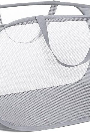 Durable Collapsible Laundry Baskets, Mesh Pop Up Laundry Hamper with Side Pocket, Foldable Clothes Storage Hamper with Reinforced Carry Handles for Laundry, Bathroom, Kids Room, Dorm or Travel Grey