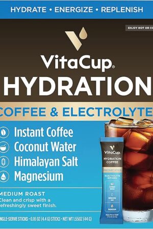 VitaCup Hydration Coffee Packets, The First Coffee That Hydrates You w/Electrolytes, Coconut Water, Pink Himalayan Salt, Magnesium, Medium Roast, Instant Coffee in Single Serve Sticks, 10 Ct
