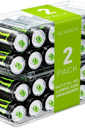 2 Pack Tall Skinny Can Organizer for Refrigerator, Stackable Large Soda Cans of 16oz & 17oz Beverage Energy Drink Container Holder Dispenser with Lid for Fridge, Clear Storage Plastic Bins