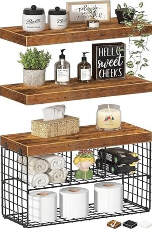 Bathroom Floating Shelves for Wall - Shelf Over Toilet Storage Small Farmhouse Decor Shelves (15.7 inch, Set of 3, Rustic Brown)