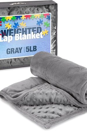 5lb Weighted Blanket (Grey) โ Plush Minky Lap Pad with Sensory Support for Autism or ADHD, Giftable Weighted Blanket with Travel Bag for Ages 4โ10