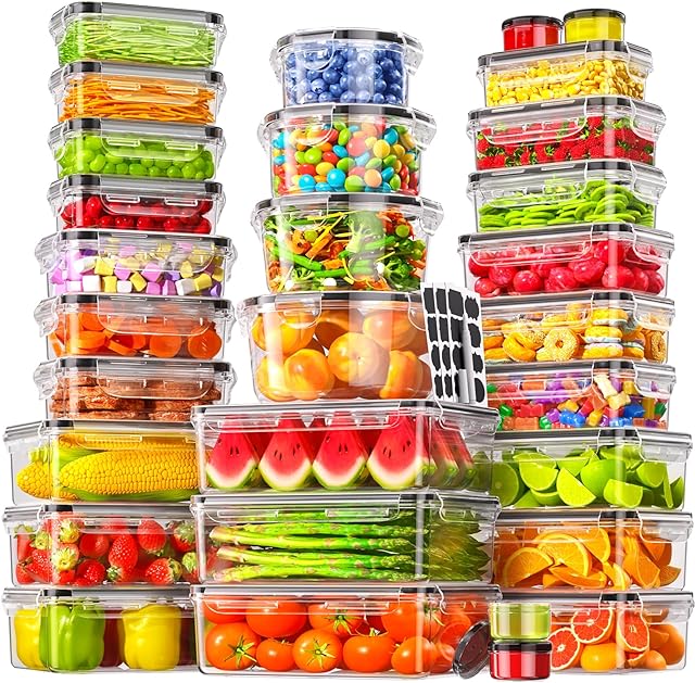 60 PCS Food Storage Containers with Lids Airtight, (30 Lids & 30 Containers) Leak proof Containers Set for Kitchen, Meal Prep, BPA-Free, PVC-Free Plastic, Microwave/Dishwasher Safe, Extra Labels & Pen