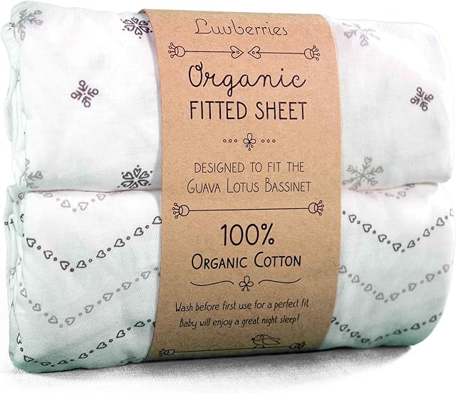 100% Organic Cotton Bassinet Sheets (Set of 2) for The Guava Lotus Travel Bassinet - Baby and Newborn, Fitted Bassinet Sheets, for Boys & Girls (Grey and White)