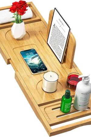 Bathtub Tray Caddy - Bath Tray - Bath Tub Tray Caddy - Bamboo Bath Table Tray for Tub - Expandable Size, Fits Most Tubs