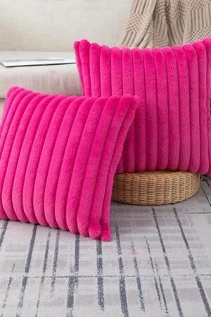 ZLINA Set of 2 Hot Pink Faux Fur Decorative Throw Pillow Covers Fluffy Striped Pillowcase Cushion Covers 18 x 18 Inch Decor Sofa Couch Bedroom