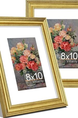 Vittanly 8x10 Picture Frames Set of 2, Ornate Vintage Photo Frame for Wall or Tabletop, Display 5x7 Pictures with Mat or 8x10 without Mat, Rustic Gold