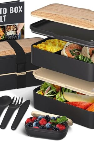 Bentoheaven Premium Bento Box Adult Lunch Box with Compartments for Women & Men, Set of Utensil & Chopsticks & Dip Container, Cute Japanese Kids Bento Lunch Box, Microwavable (Symph Onyx)