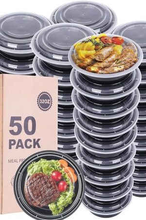 WGCC Meal Prep Containers with Lids - 50Pack 32OZ Meal Bowls, Round To Go Containers, BPA-Free, Freezer & Dishwasher Safe