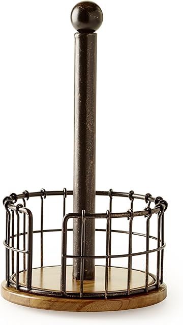 Pfaltzgraff Anvil Wire And Acacia Wood Paper Towel Holder, 13.25-Inch, Antique Black