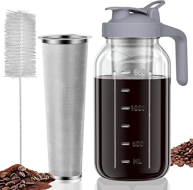 Cold Brew Coffee Maker with Handle, Stainless Steel Filter, Multipurpose Spout Lid