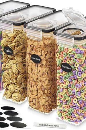 DWËLLZA KITCHEN Cereal Containers Storage 4 Pack 135 fl. oz Cereal Dispenser Airtight Food Storage Containers BPA-Free Pantry Organization and Storage, Canister for Flour & Sugar 1 Marker 8 Labels