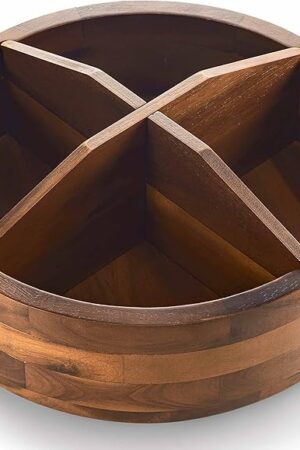 12" Acacia Wood Lazy Susan Organizer with 4 Dividers - Wooden Round Serving Turntable for Tabletop, Countertop - Kitchen Storage Tray Rotating Food Bin Container for Spices, Cabinet, Fridge