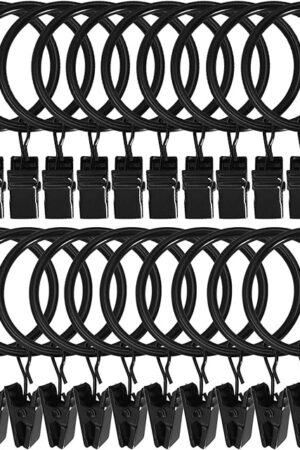20 Pack Metal Curtain Rings with Clips, Curtain Clip Rings Hooks for Hanging Drapery Drapes Bows, Curtain Rod Rings 1.5 inch Interior Diameter, Black