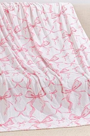 Buryeah Soft Plush Flannel Bow Throw Blanket, Lightweight Preppy Coquette
