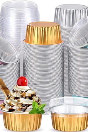 150 Pcs Cupcake Liners with Lids 5 oz Aluminum Foil Cupcake Baking Cups Disposable Ramekins Muffin Cups Mini Aluminum Pans with Lids Holder for Creme Brulee(Gold Silver Pink Blue)