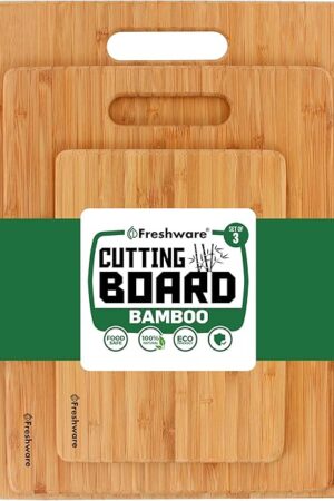 Bamboo Cutting Boards for Kitchen [Set of 3] Wood Cutting Board for Chopping Meat, Vegetables, Fruits, Cheese, Knife Friendly Serving Tray with Handles