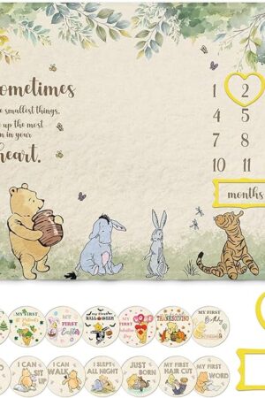 Winnie Milestone Blanket for Baby, Pooh Babies Monthly Blanket, Winnie Quotes Baby Milestone Blankets, Newborn Photography Background Decor, with 8 Holiday Cardstocks