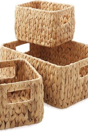 Casafield Set of 3 Water Hyacinth Storage Baskets for Shelves - 1-Large, 2-Small Woven Organizers with Handles for Bathroom, Laundry, Pantry, Office