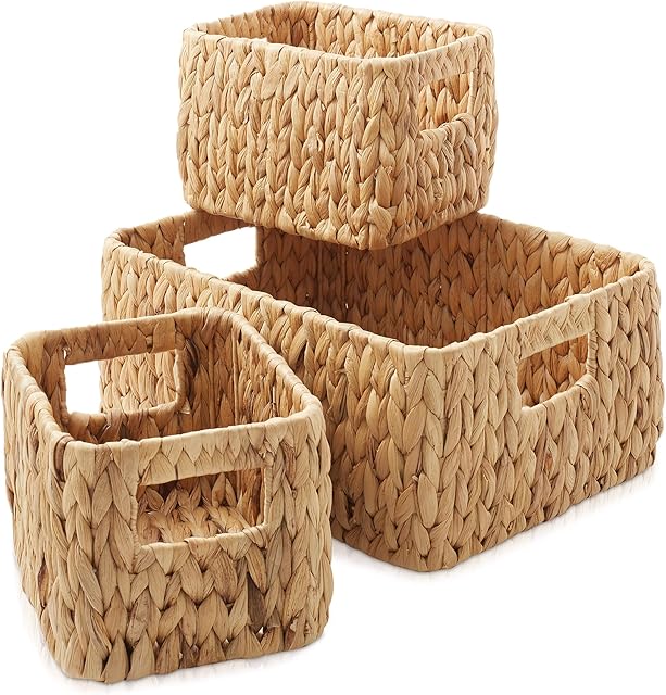 Casafield Set of 3 Water Hyacinth Storage Baskets for Shelves - 1-Large, 2-Small Woven Organizers with Handles for Bathroom, Laundry, Pantry, Office