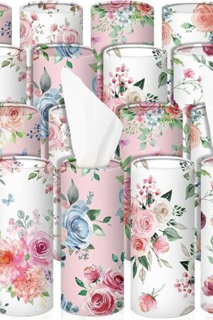 Ctosree 16 Pcs Car Tissue Holder Cylinder Bulk Round Floral Cup Holder Facial Tissues for Travel Refill Car Napkin Box Round Container